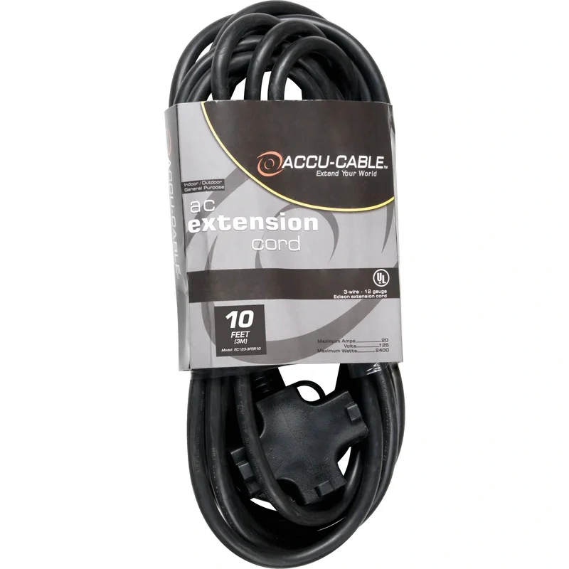 American DJ EC123-3FER10 Accu-Cable 3-Wire Edison AC Extension Cord with Three Plugs 12 AWG (Black) – 10′