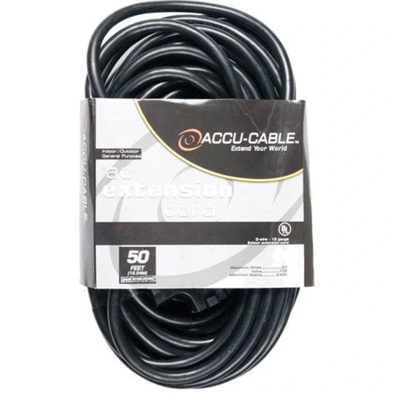American DJ EC123-3FER50 Accu-Cable 3-Wire Edison AC Extension Cord with Three Plugs 12 AWG (Black) – 50′