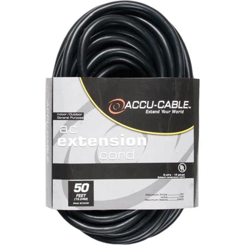 American DJ EC123-50 Accu-Cable 3-Wire Edison AC Extension Cord 12 AWG (Black) – 50′
