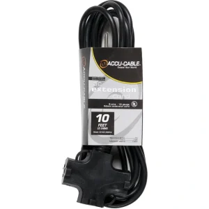 American DJ EC163-3FER10 Accu-Cable AC Extension Cord with Three Outlets 16 AWG (Black) – 10′