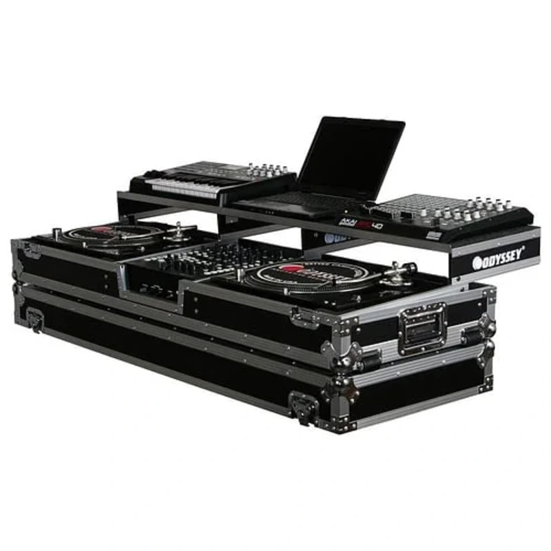 Odyssey FZGSPDJ12W Universal Format DJ Mixer and Two Standard Position Turntables Flight Coffin Case w/Full Glide Platform – 12