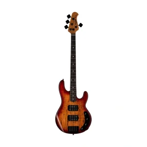 Sterling by Music Man Ray34 HH Electric Bass Guitar, Spalted Maple Blood Orange Burst