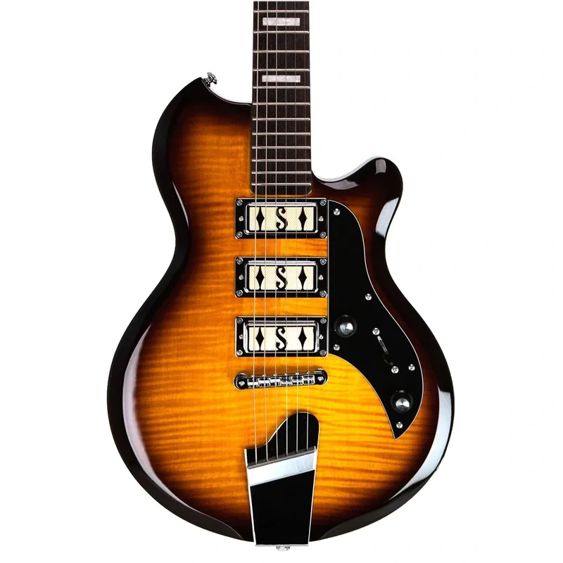 Supro Island Series Hampton Guitar – Triple Pickup – Flame Maple Tobacco Burst – Free Gig-Bag