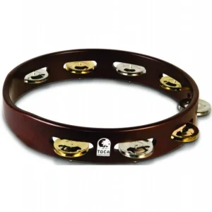 Toca T1010D Acacia Wood 10″ Tambourine – Single Row with Brass and Nickel Jingles – Dark Wood Matte Finish